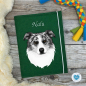 Preview: Dokumentenhülle Hund dunkelgrün Designbeispiel Border Collie blue merle